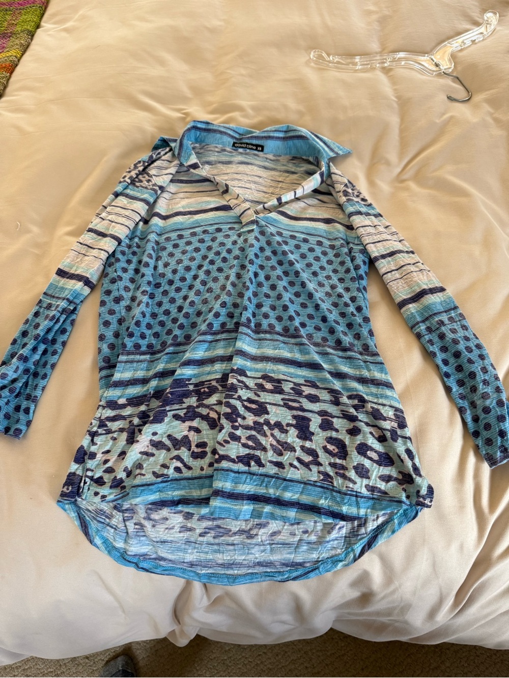 David Cline Blue Striped & Dot Long Sleeve V-Neck Top
